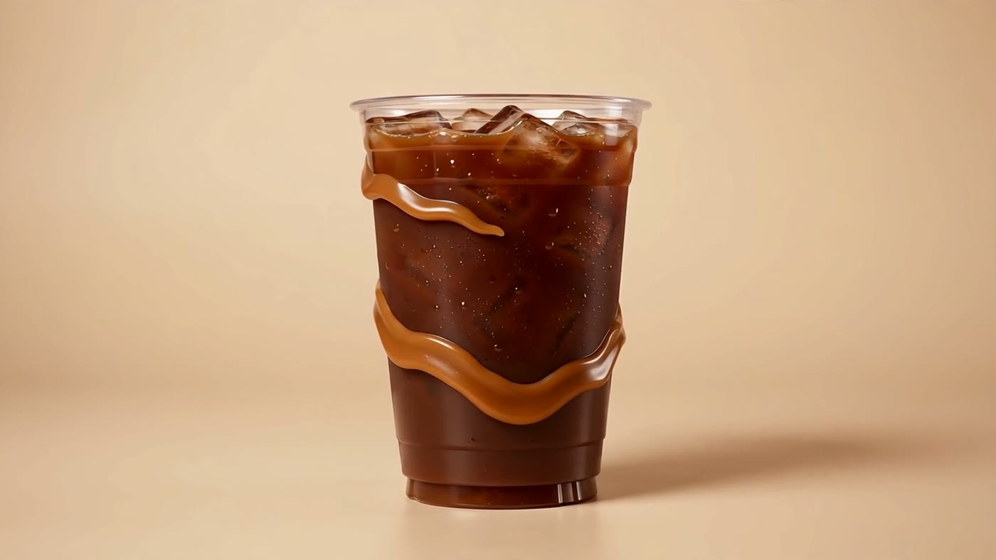 แก้วกาแฟเย็นคาราเมลสเวิร์ลพร้อมเสิร์ฟ